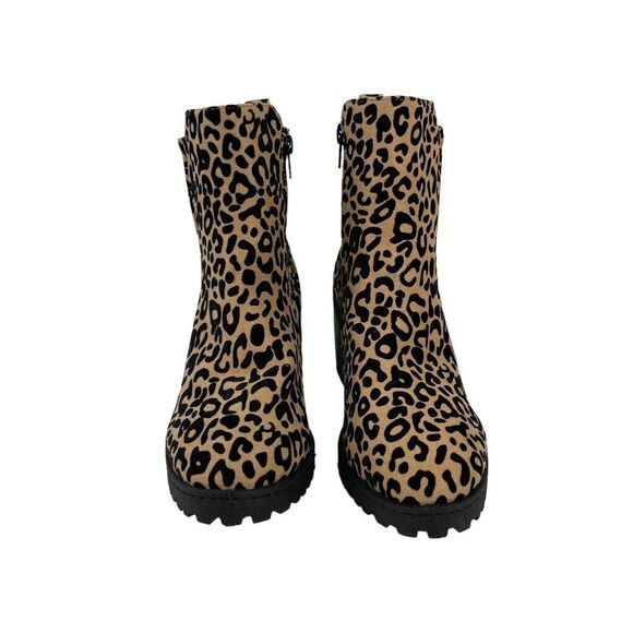 Qupid Cheetah Ankle Boots Bootie Animal Print Size 8 Black Tan Chunky Block Heel - Picture 3 of 13